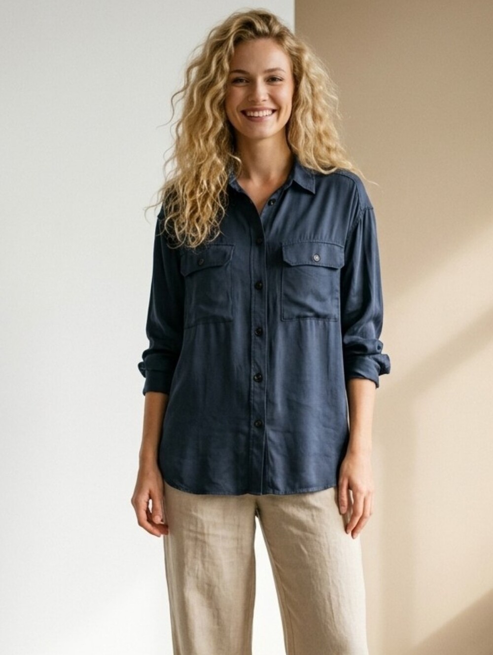 Part Two Navy Blue Viscose Button-Front Blouse Shirt Women’s Size 38 Medium loos